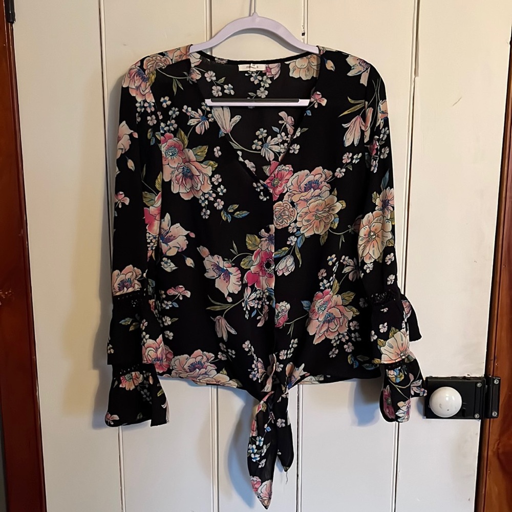 Maurice’s Black Button Down Floral Blouse, Medium